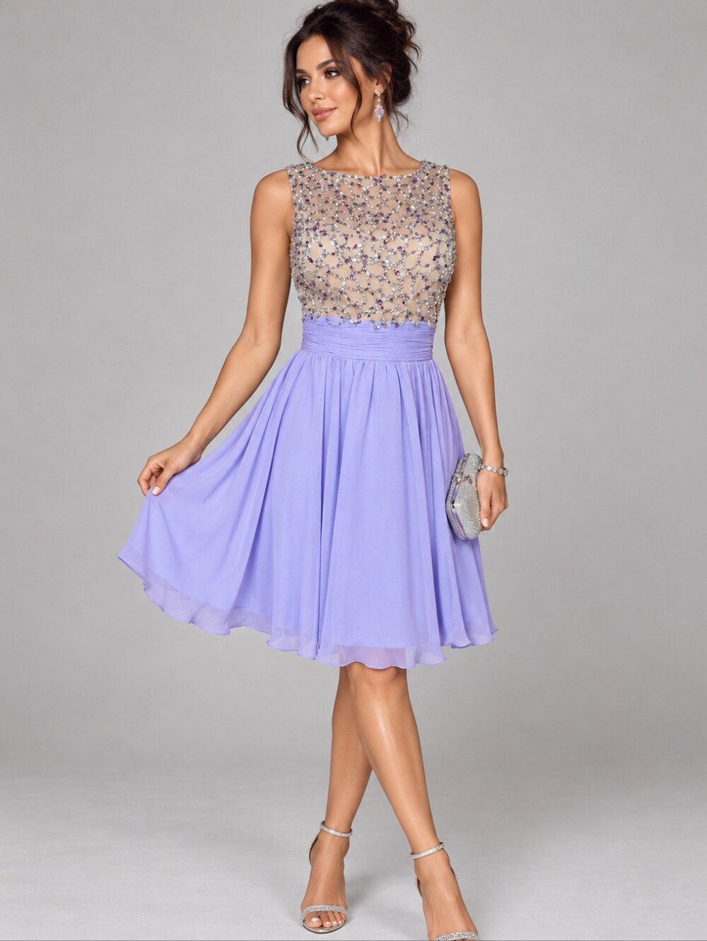 NWT Terani Couture Lavender Chiffon Dress with Beaded Nude Bodice 14